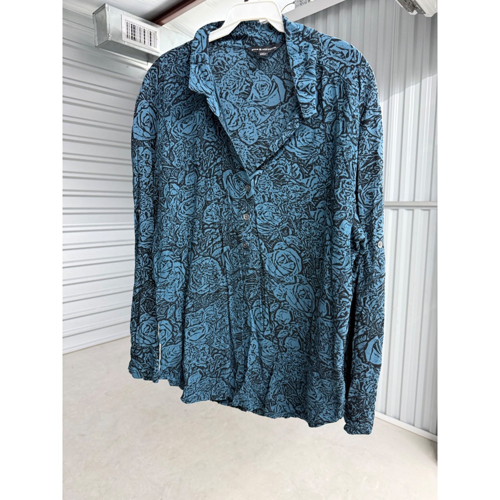 Rock & Republic Teal Blue Black Rose Floral Button Down Roll Tab Sleeve Blouse L